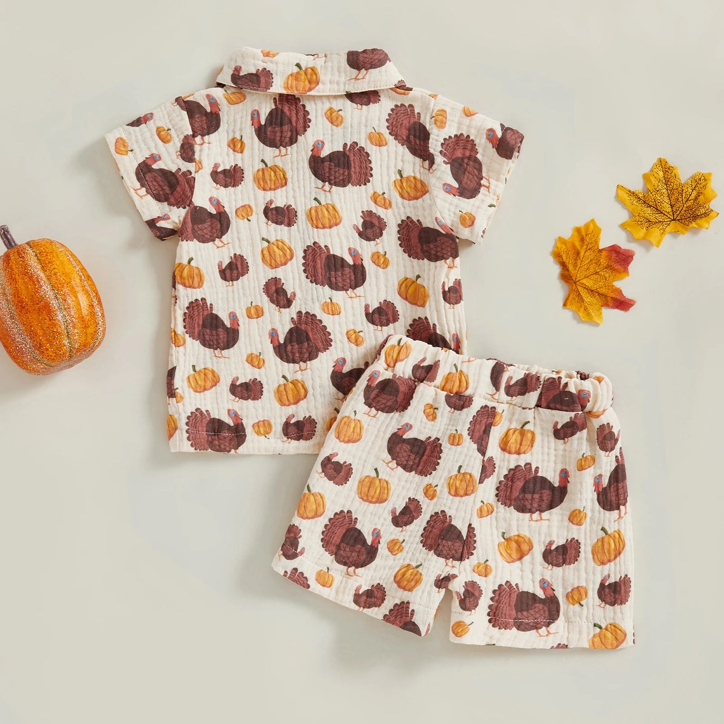 Baby Toddler Boys 2Pcs Thanksgiving Day Short Sleeve Lapel Button Up Turkey Pumpkin Print Top and Shorts Sets