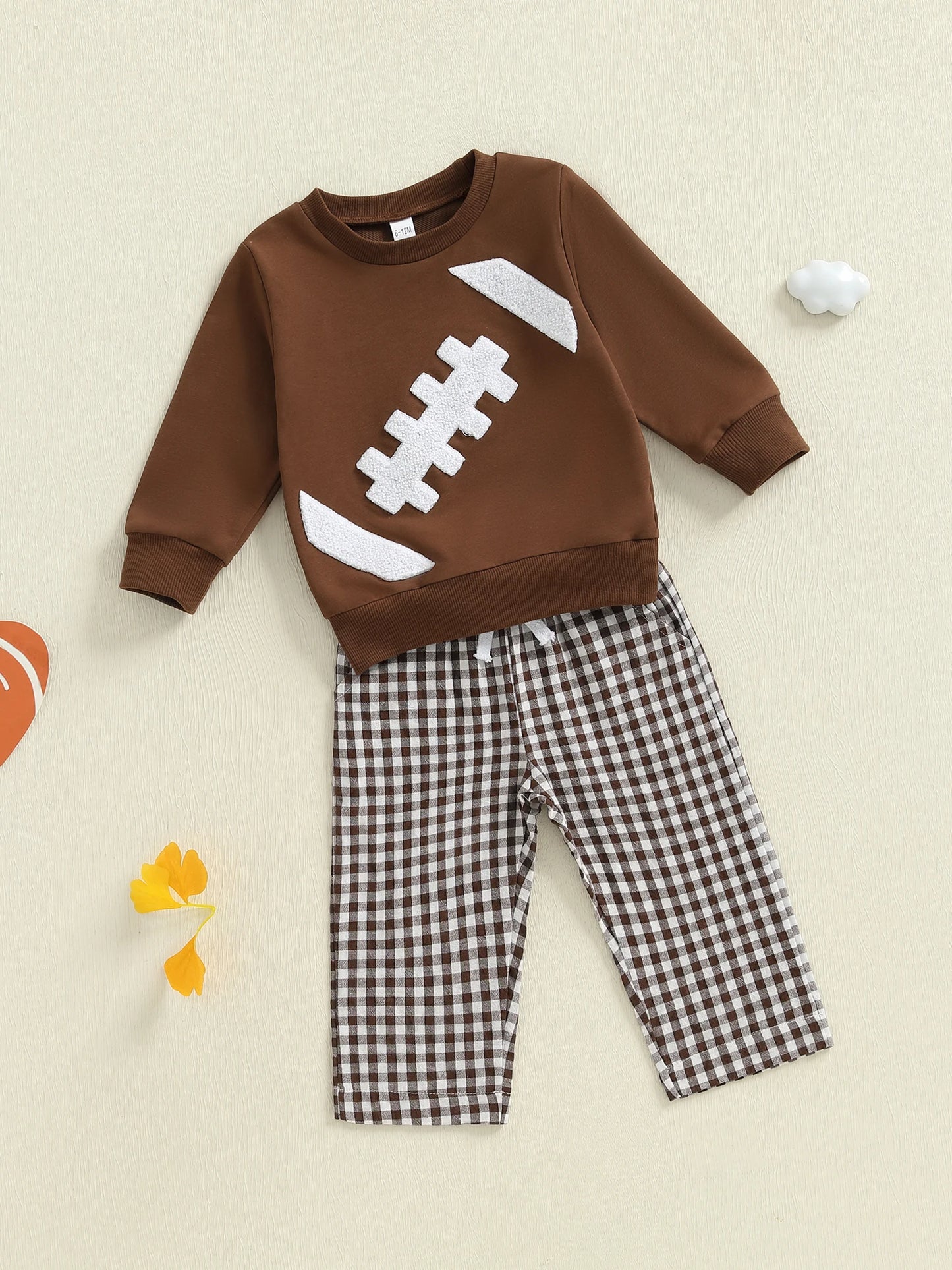 Baby Toddler Boys 2Pcs Fall Set Fashionable Long Sleeve Football Embroidery Pullover with Plaid Pants Outfits