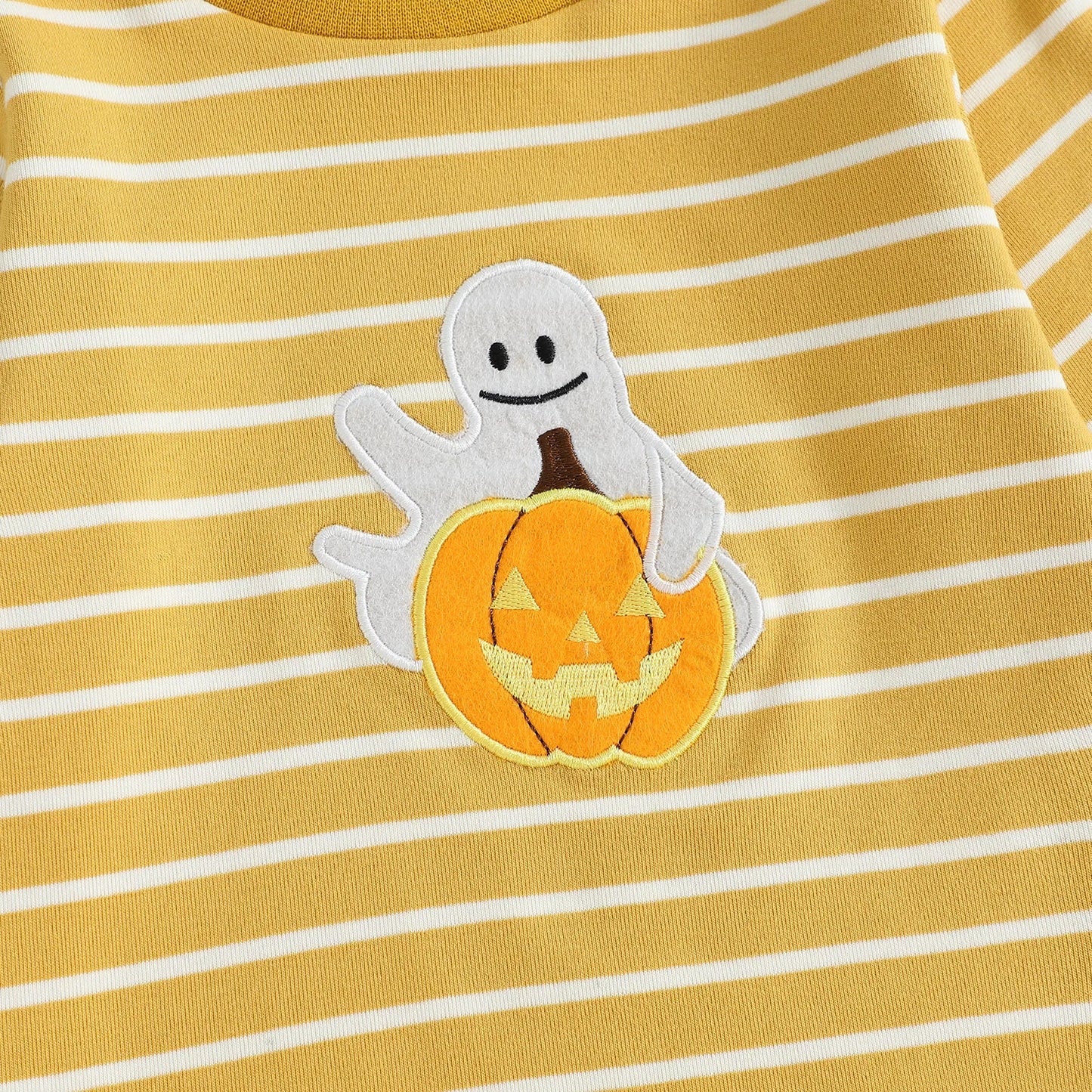 Baby Toddler Girls Boys 2Pcs Halloween Pajamas Set Long Sleeve Embroidery Pumpkin Ghost Top with Striped Pants Sleepwear