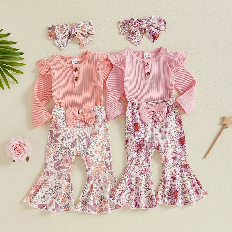 Baby Girls 3Pcs Spring Outfit Solid Color Ribbed Button Long Sleeve Romper Flowers Floral Print Flared Pants with Bow and Headband Set