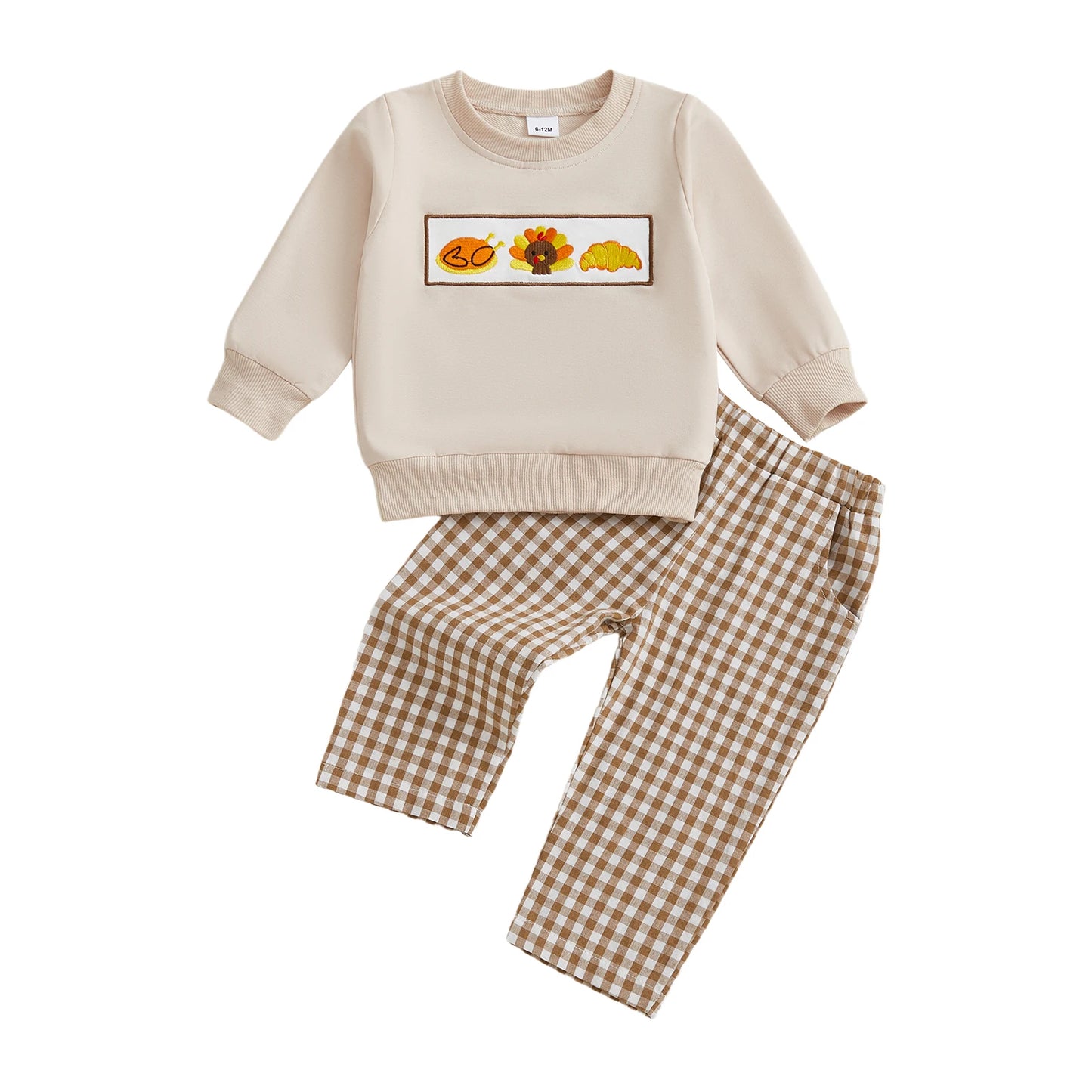 Baby Toddler Boys Girls 2Pcs Thanksgiving Outfit Pumpkin Turkey Pie Long Sleeve Crewneck Top Plaid Elastic Waist Pants Set