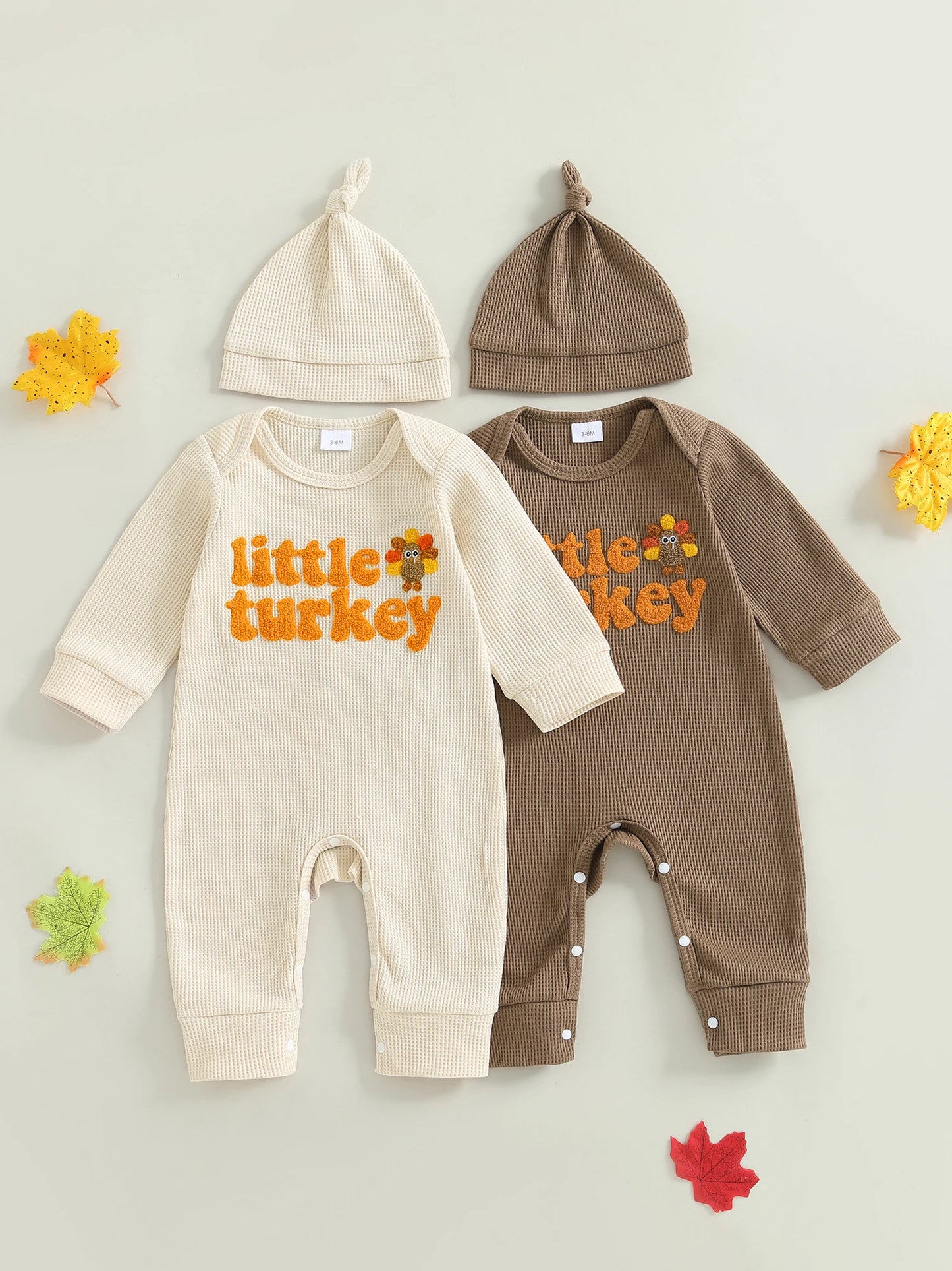 Baby Boys Girls 2Pcs Little Turkey Thanksgiving Outfit Long Sleeve Crew Neck Letter Turkey Embroidery Full Length Romper with Hat Set