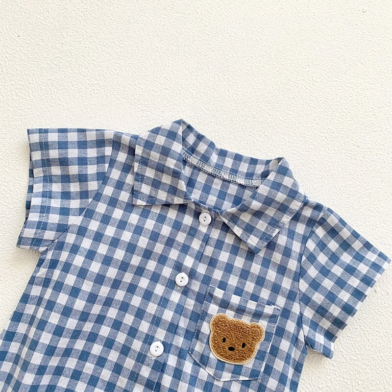 Boys Plaid Bear Patch Bodysuit Romper