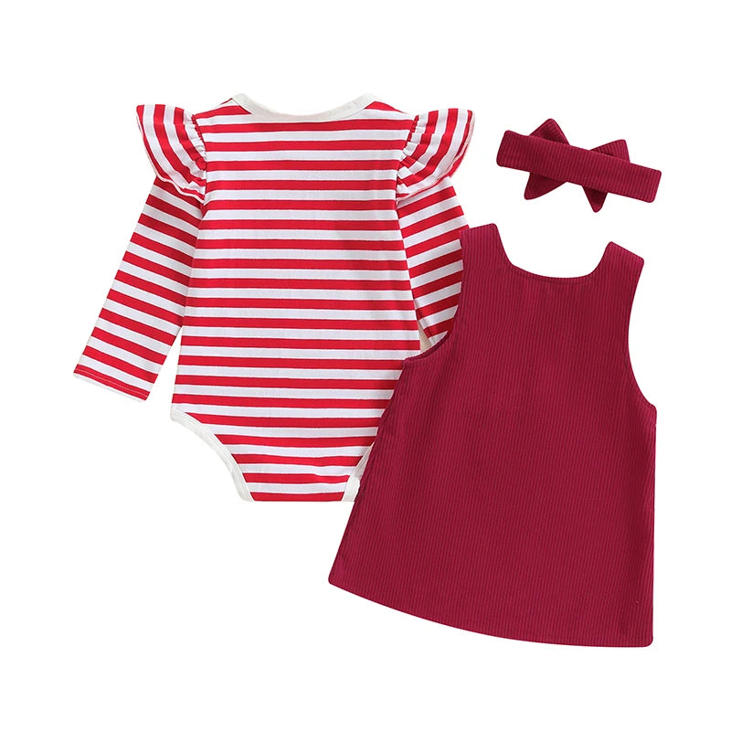 Baby Girls 2Pcs Thanksgiving Christmas Outfits Stripe Long Sleeve Romper Turkey / Santa Embroidery Overalls Dress Headband Set