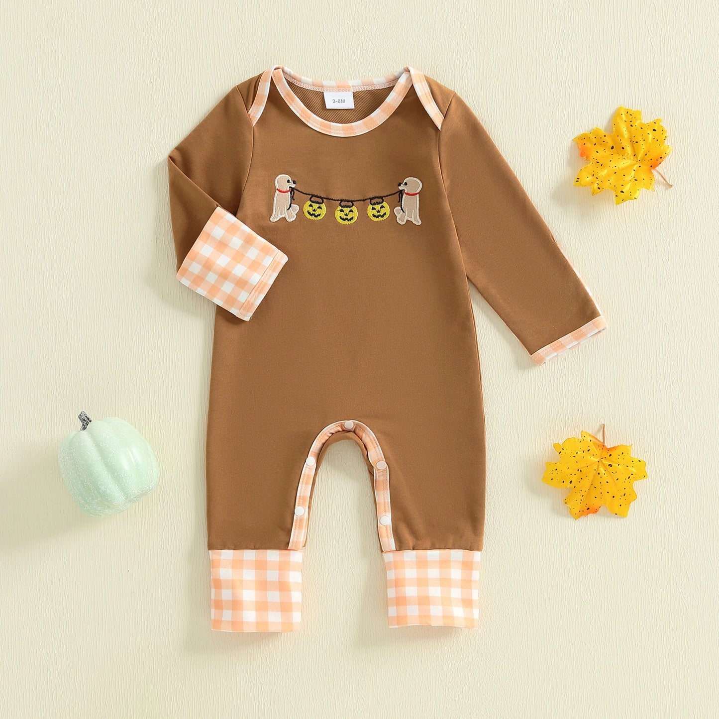 Baby Boys Halloween Romper Pumpkin Dog Embroidery Long Sleeve Round Neck Plaid Jumpsuit