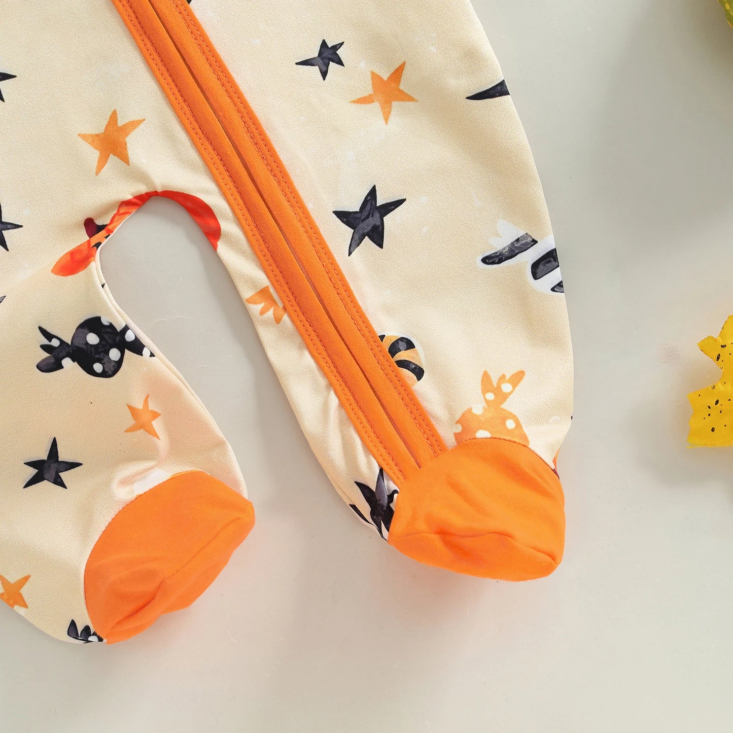 Baby Boys Girls 2Pcs Halloween Outfit Pumpkin Long Sleeve Zip-up Footed Zipper Romper and Knot Hat Fall Set