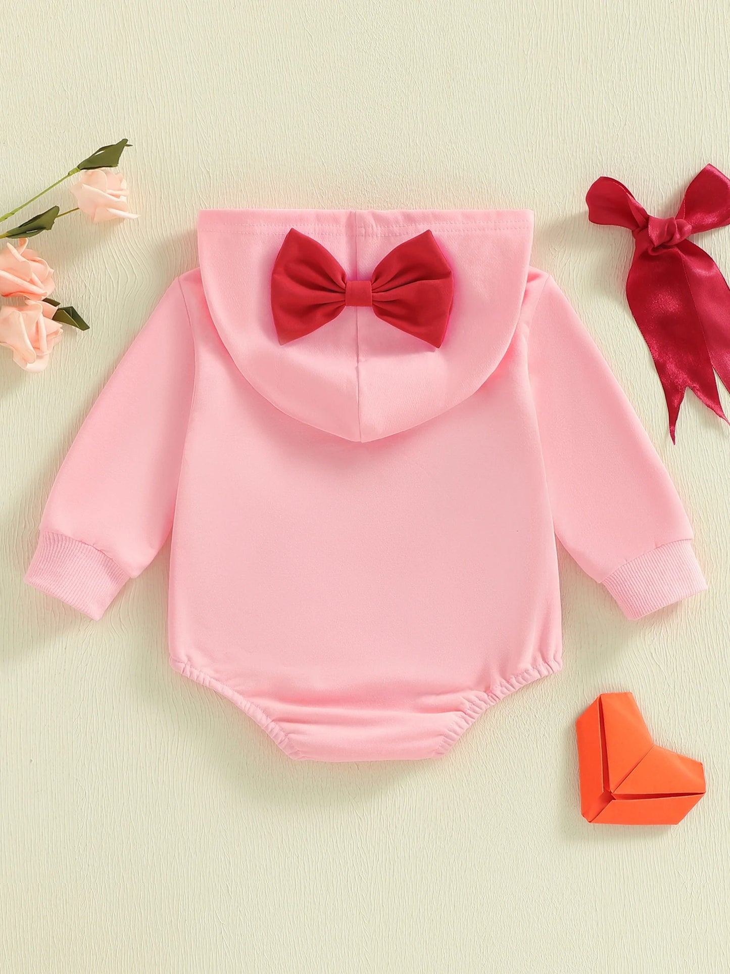 Baby Girl Bow Hooded Romper Letter Sweet Girl Heart Print Long Sleeve Jumpsuit Casual Bodysuit