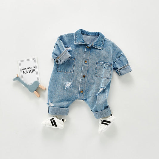 Long Sleeve Distress Denim Jumpsuit Romper