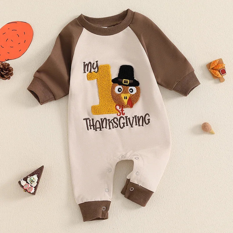 Baby Boy My First Thanksgiving Romper Casual Turkey Letter Embroidery Long Sleeve Jumpsuit