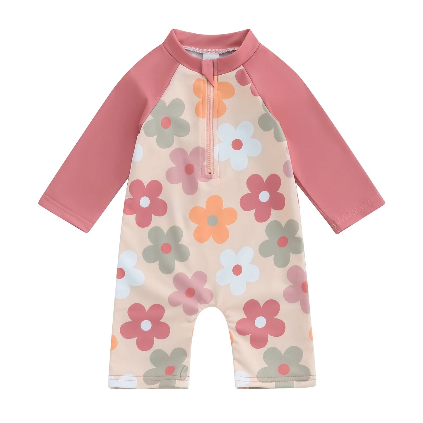 Baby Toddler Boys Girls Rash Guard Swimwear Animal/Floral/Tree Print Long Sleeve Mock Neck Zip Bathing Suit