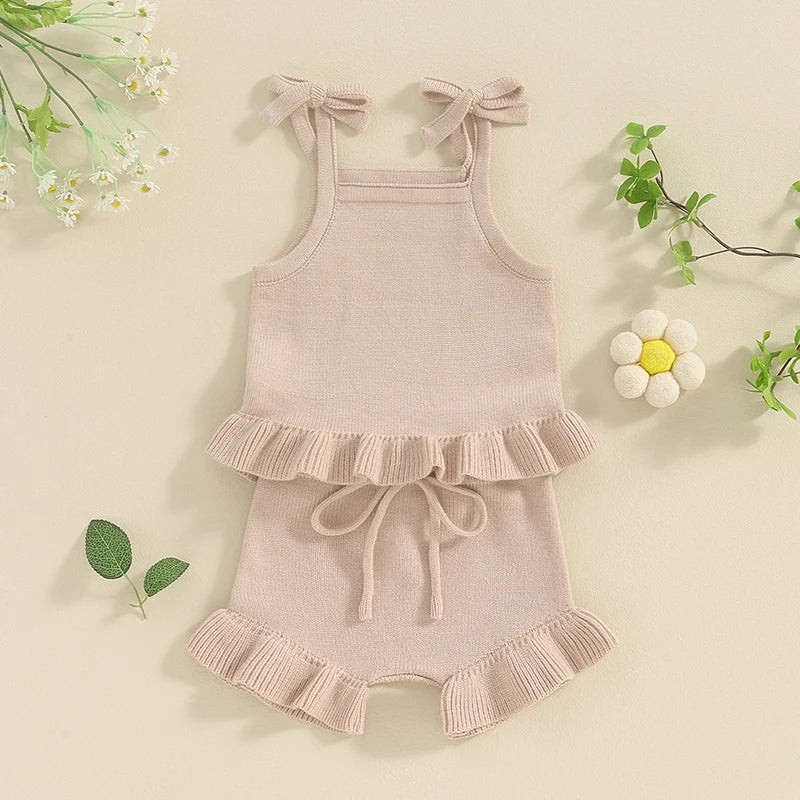 Baby Girl 2Pcs Outfits Knit Solid Color Sleeveless Cami Tank Top Tie with Elastic Waist Shorts Outfit Set