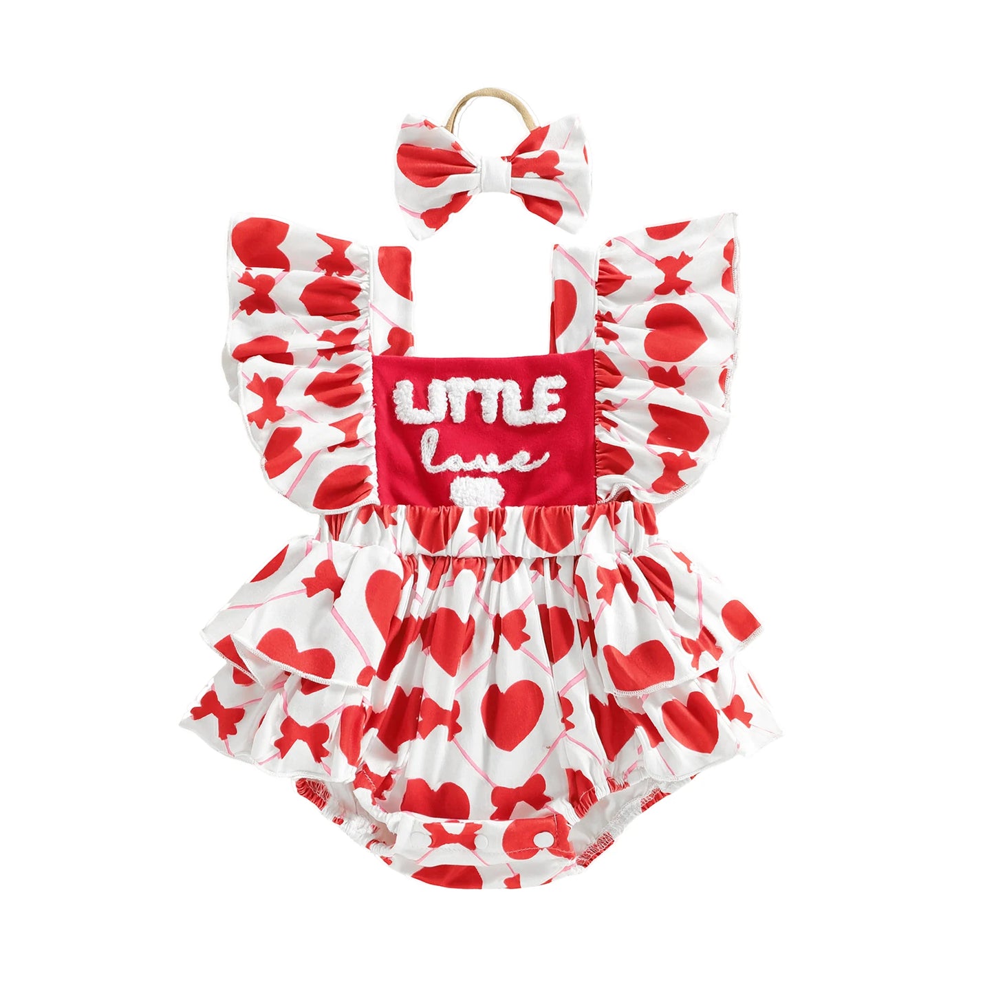 Baby Girls 2Pcs Little Love Valentine's Day Romper Flutter Sleeve Letter Embroidery Heart Print Jumpsuits with Bow Headband Set