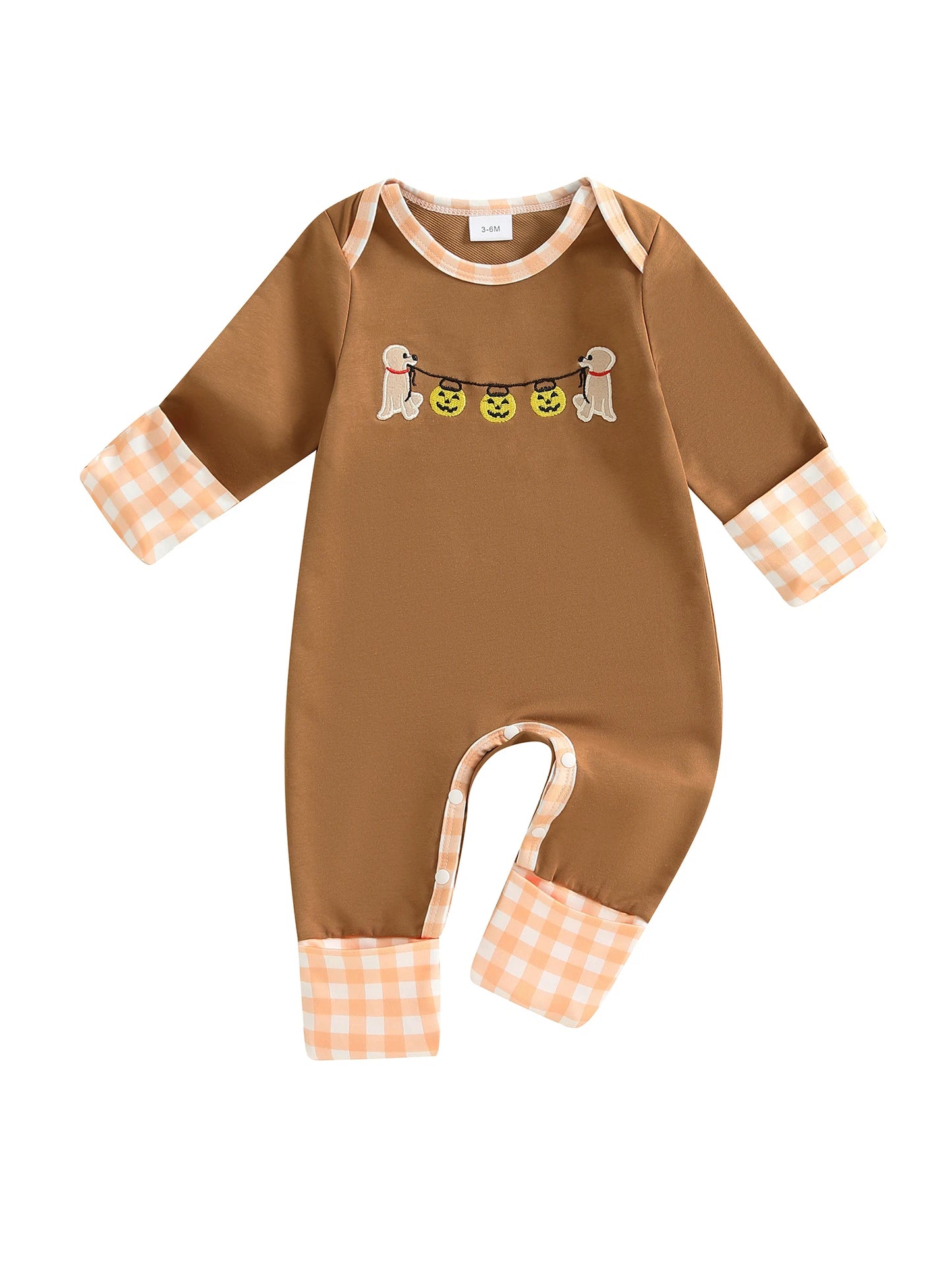Baby Boys Halloween Romper Pumpkin Dog Embroidery Long Sleeve Round Neck Plaid Jumpsuit