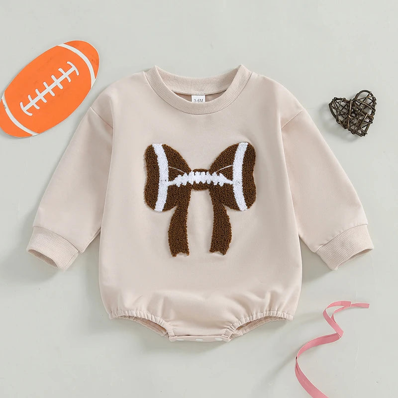 Baby Girl Bubble Romper Long Sleeve Crew Neck Bow Football Print Fall Jumpsuit