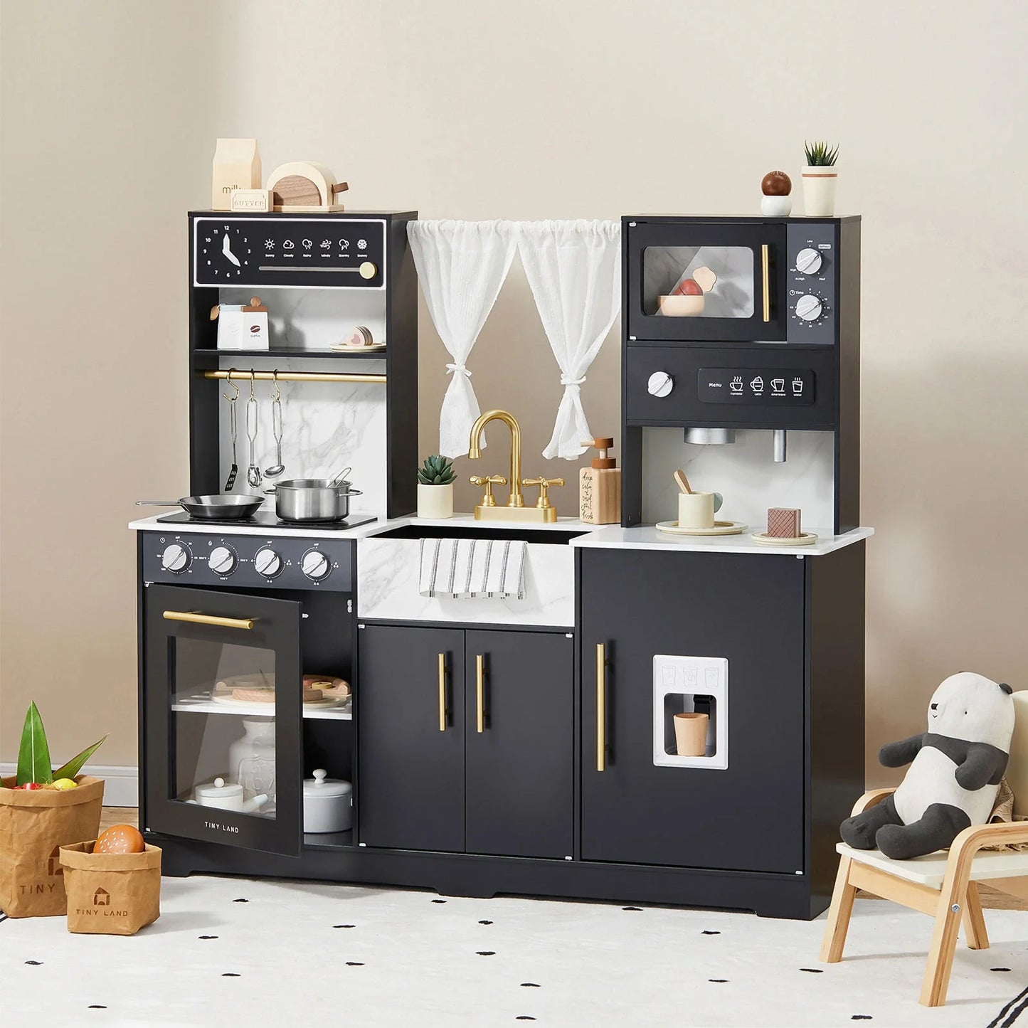 Tiny Land® Iconic Wooden Play Kitchen – Black Pretend Cooking Set for Kids