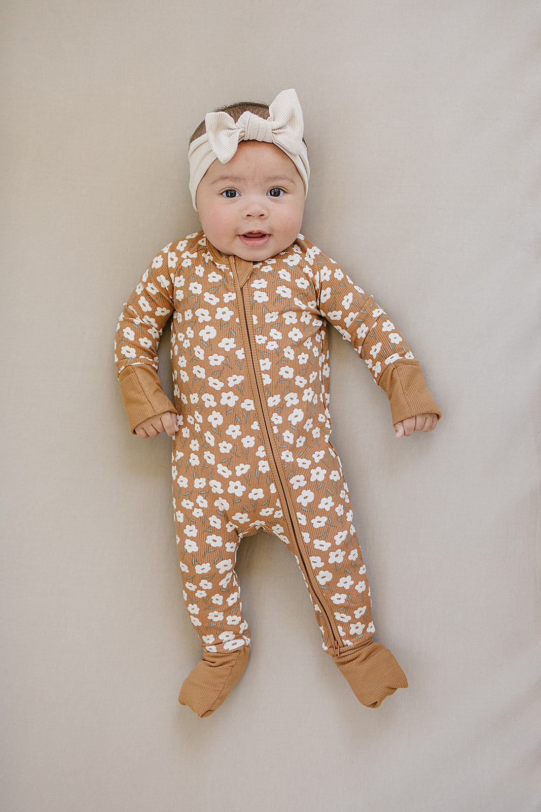 Mustard Floral Ribbed Bamboo Zipper Romper