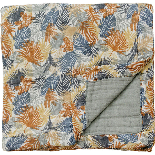 Paradise Palms+ Dusty Blue Muslin Quilt Blanket