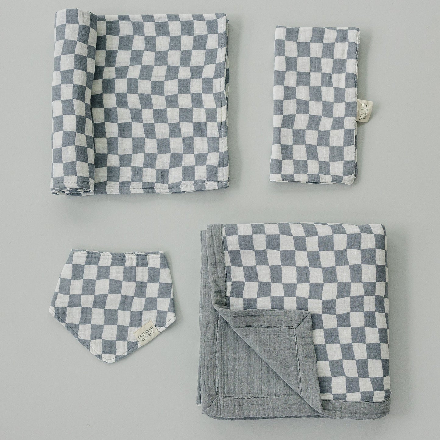 Dusty Blue Wavy Checkered Muslin Quilt Blanket