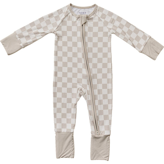 Taupe Checkered Bamboo Zipper Romper
