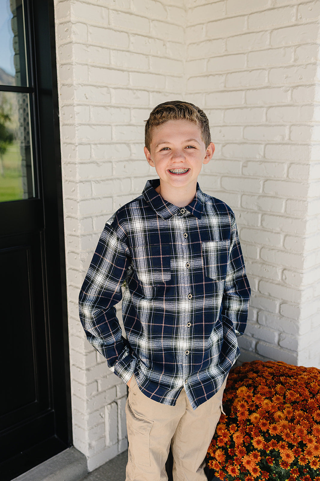Navy Plaid Button Up Shirt Top
