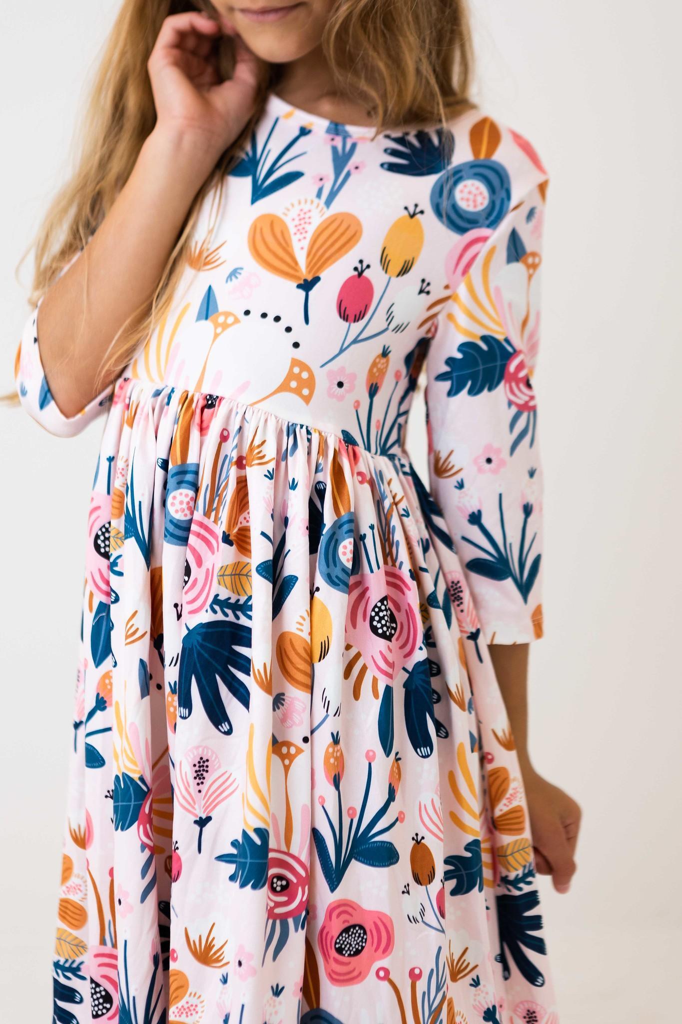 Blush Peony Floral 3/4 Sleeve Pocket Twirl Dress