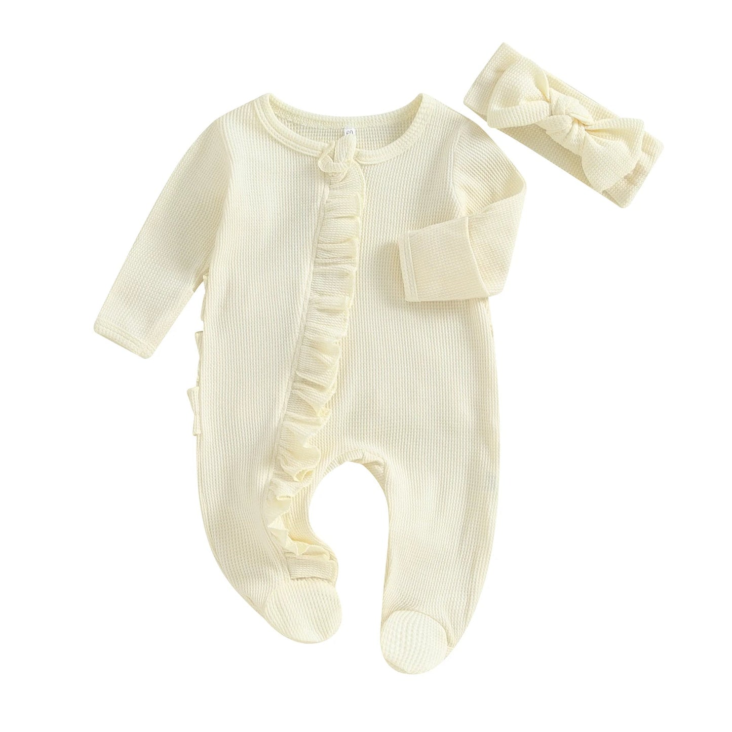 Ruffle Footed Jumpsuit Romper with Headband Set