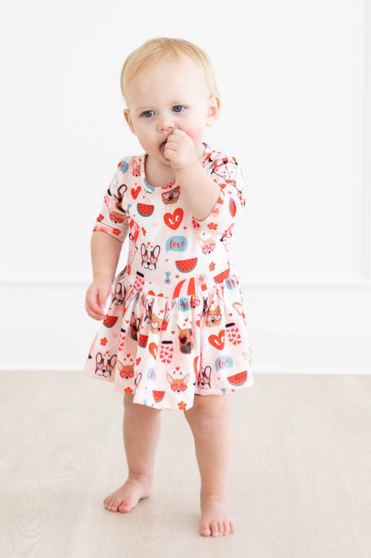 Puppy Love 3/4 Sleeve Twirl Bodysuit Romper