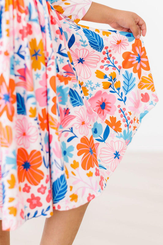 Colorful Carnations Floral 3/4 Sleeve Pocket Twirl Dress