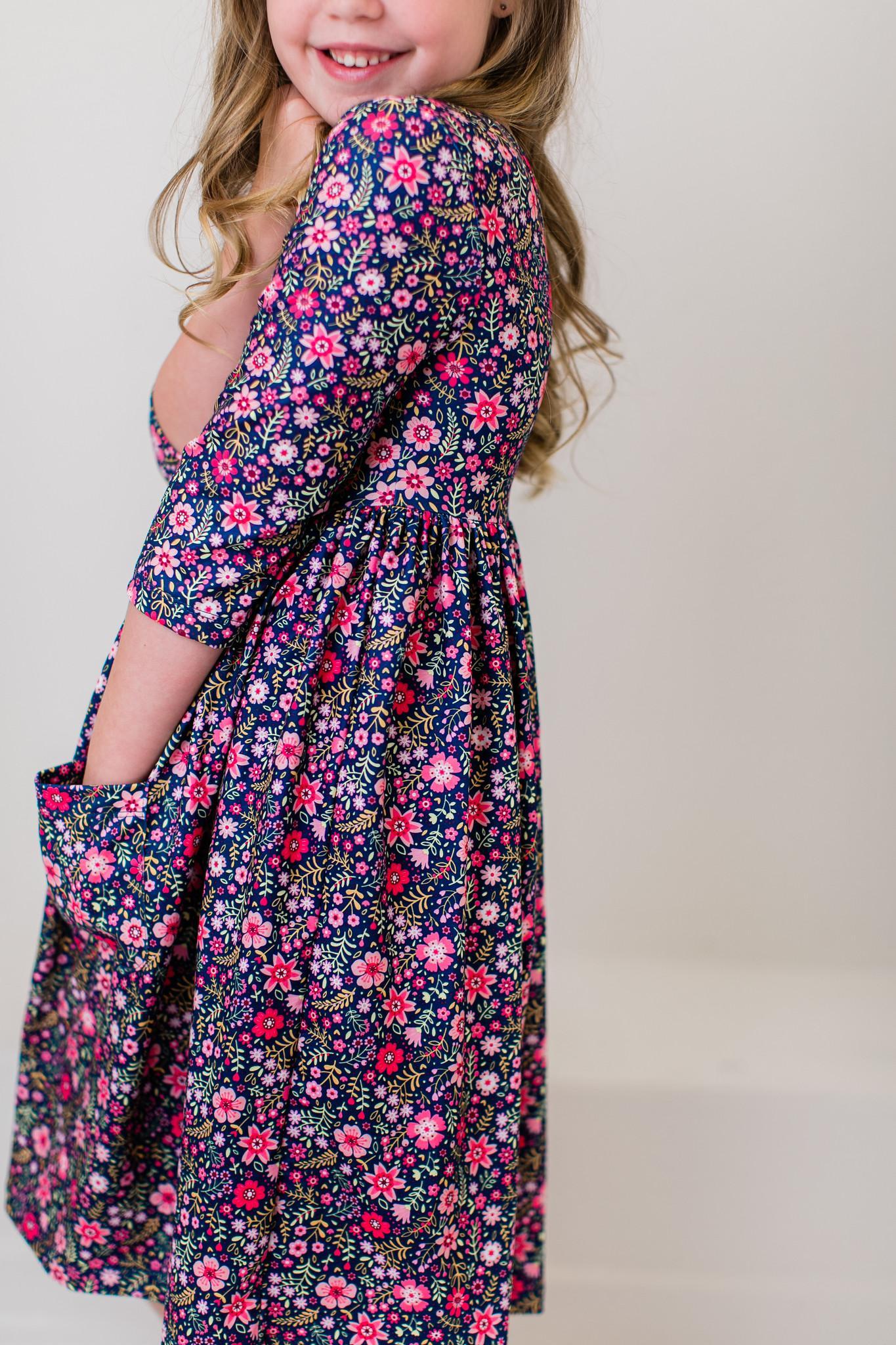 Flower Farm Floral 3/4 Sleeve Pocket Twirl Dress