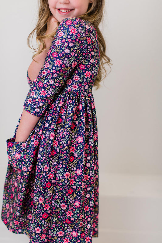 Flower Farm Floral 3/4 Sleeve Pocket Twirl Dress