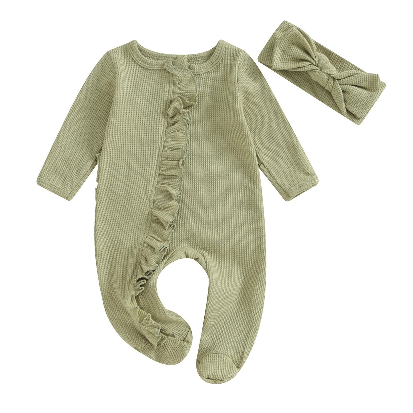 Ruffle Footed Jumpsuit Romper with Headband Set