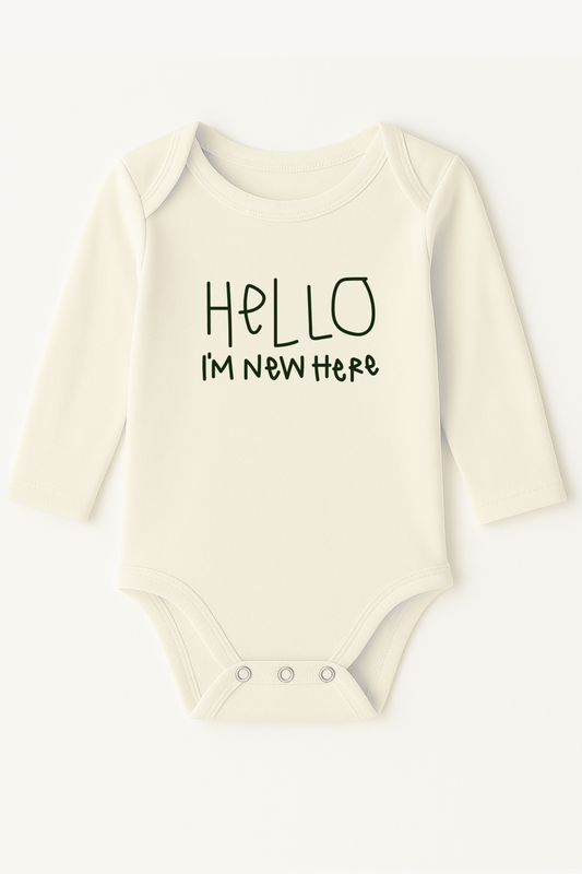 Hello I'm New Here Organic Cotton Baby Bodysuit Long Sleeve