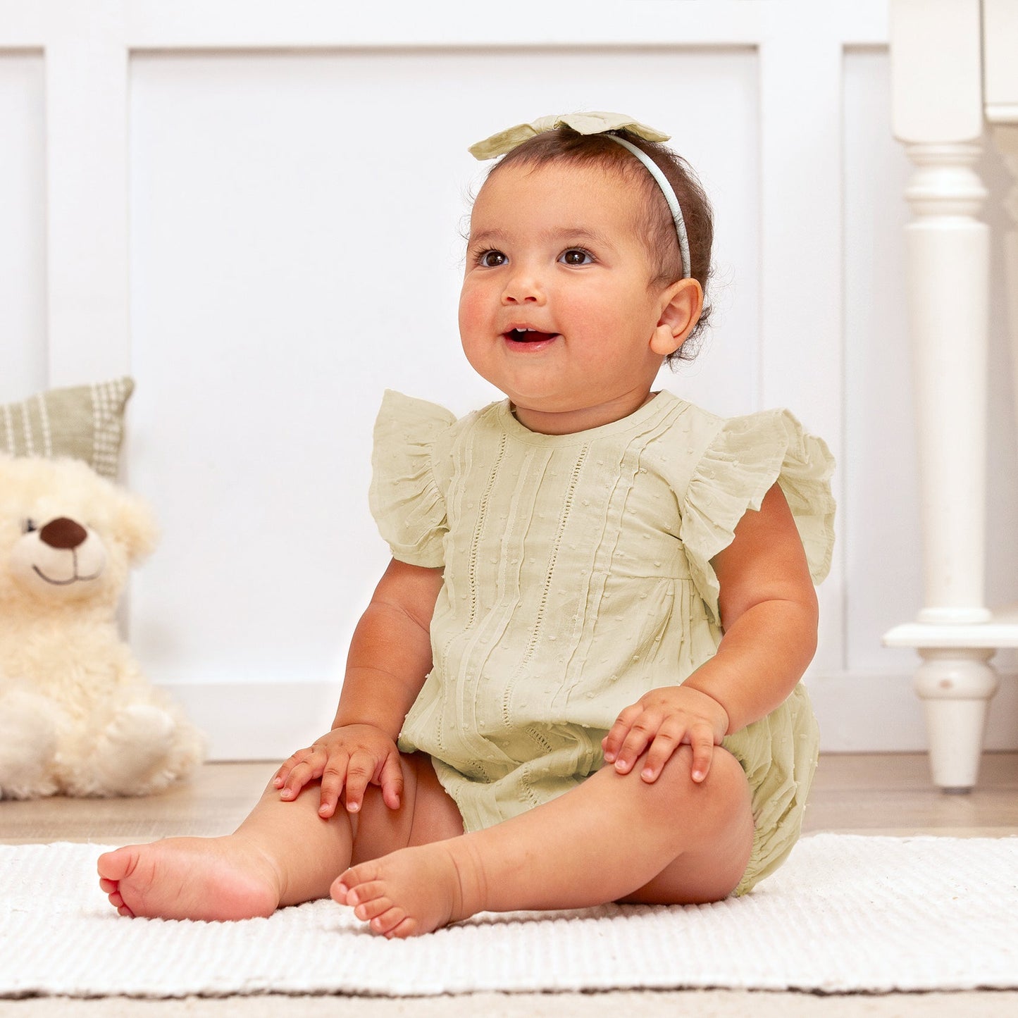Green Pink Swiss Dot Cotton Baby Bodysuit with Flutter Sleeves