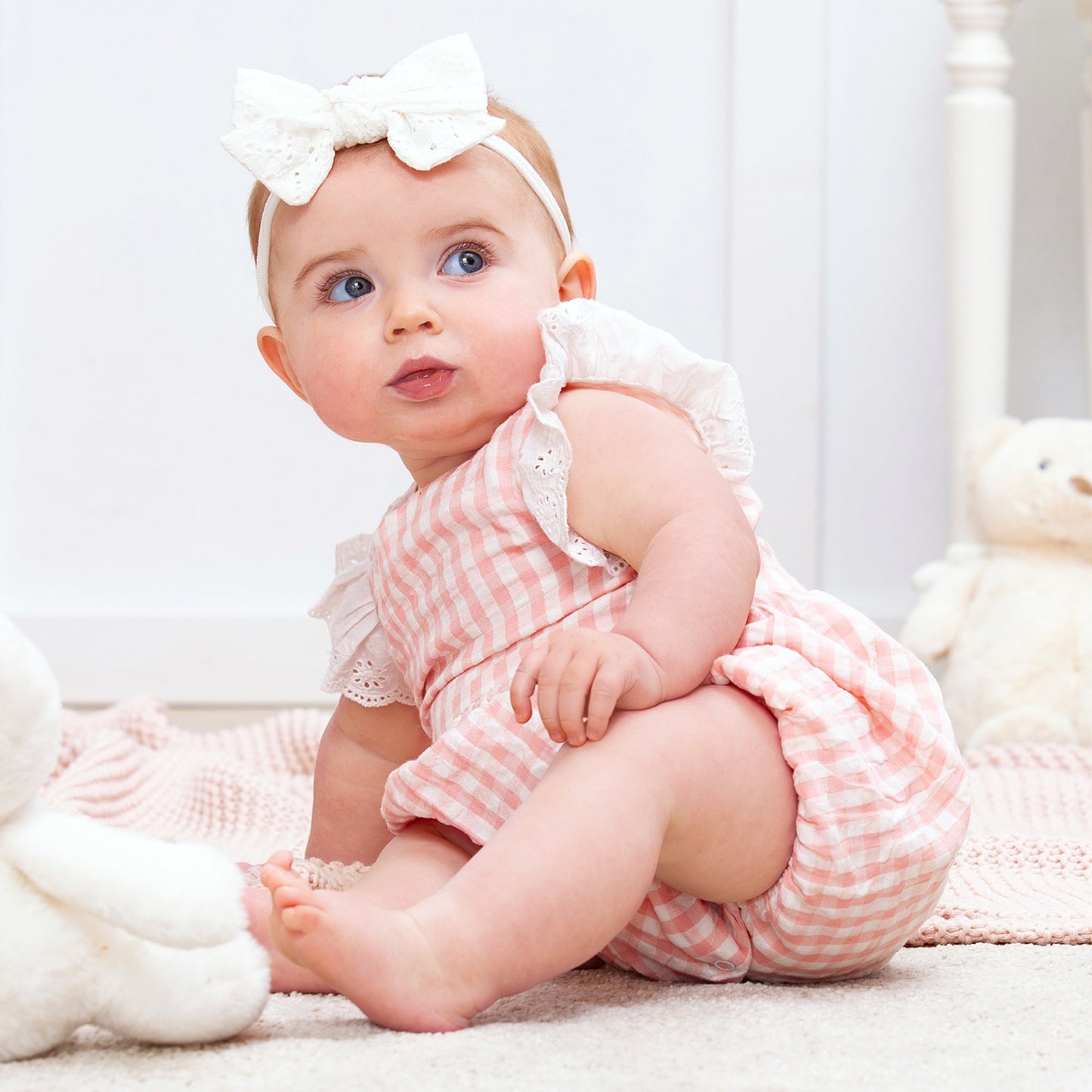 Pink Gingham Baby Romper with Eyelet Flutter Sleeves
