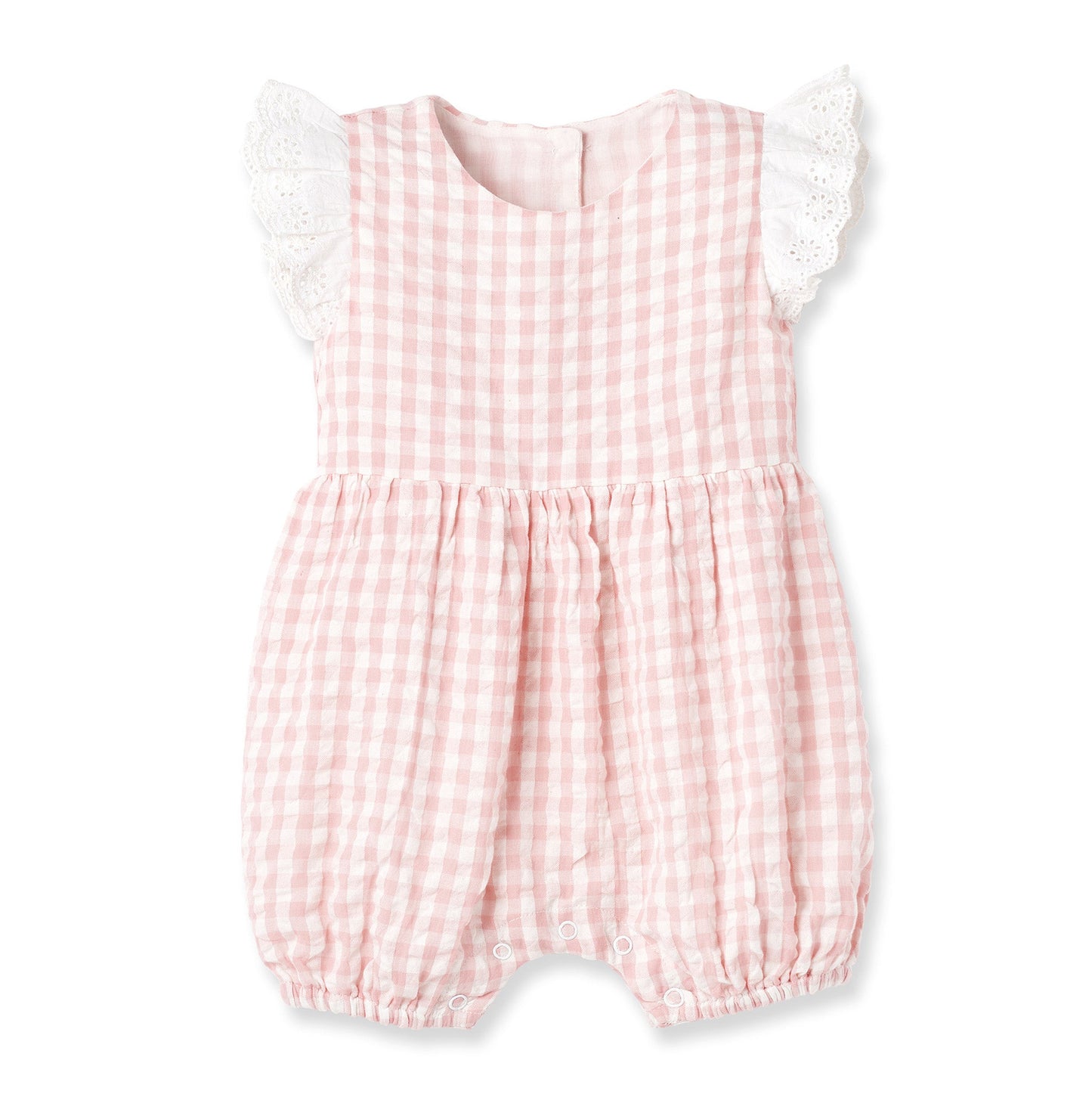 Pink Gingham Baby Romper with Eyelet Flutter Sleeves