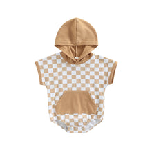 Load image into Gallery viewer, Baby Girls Boys Short Sleeve Checker Print Front Pocket Hooded Playsuit Bubble Romper
