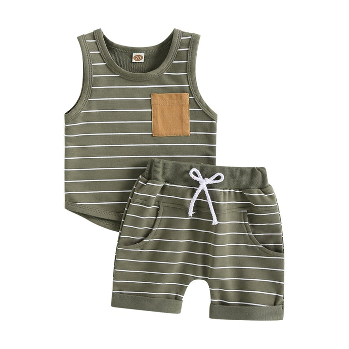 Toddler Kids Baby Boy 2Pcs Striped Pocket Tank Tops and Shorts Outfit