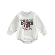 Load image into Gallery viewer, Baby Boy Girls Romper Football Season Touchdown Kinda Day Letter Leopard Printed Long Sleeve Grey Jumpsuit Bubble Romper
