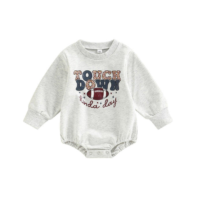 Baby Boy Girls Romper Football Season Touchdown Kinda Day Letter Leopard Printed Long Sleeve Grey Jumpsuit Bubble Romper