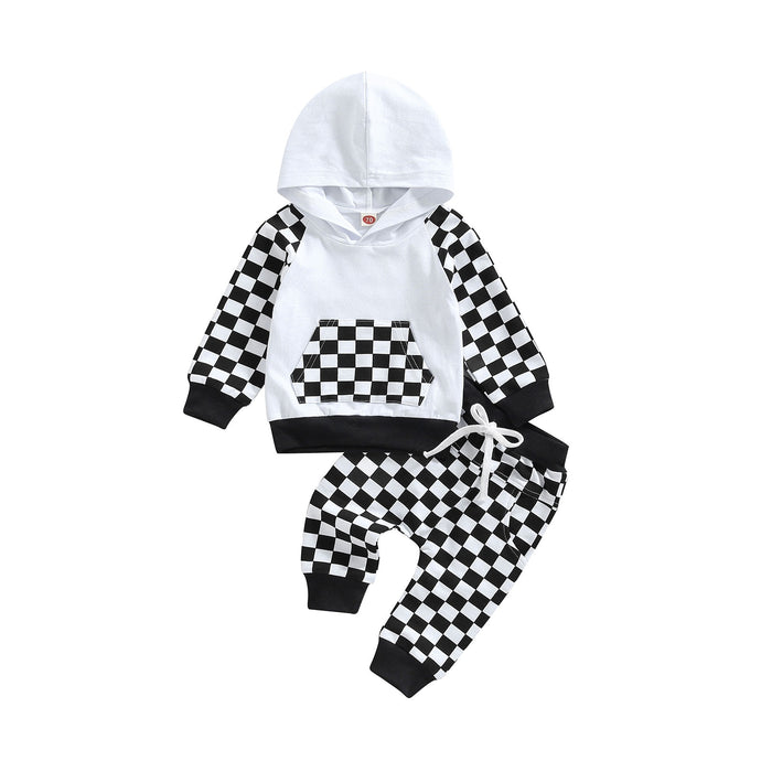 Baby Toddler Girl Boy Outfit 2Pcs Set Plaid Long Sleeve Hoodie with Pockets Elastic Drawstring Waist Pants