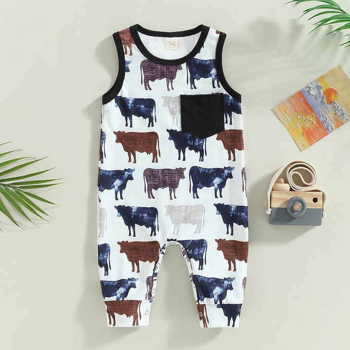 Infant Baby Boy Western Romper Clothes Tank Top Round Neck Cow Print Jumpsuit Playsuit