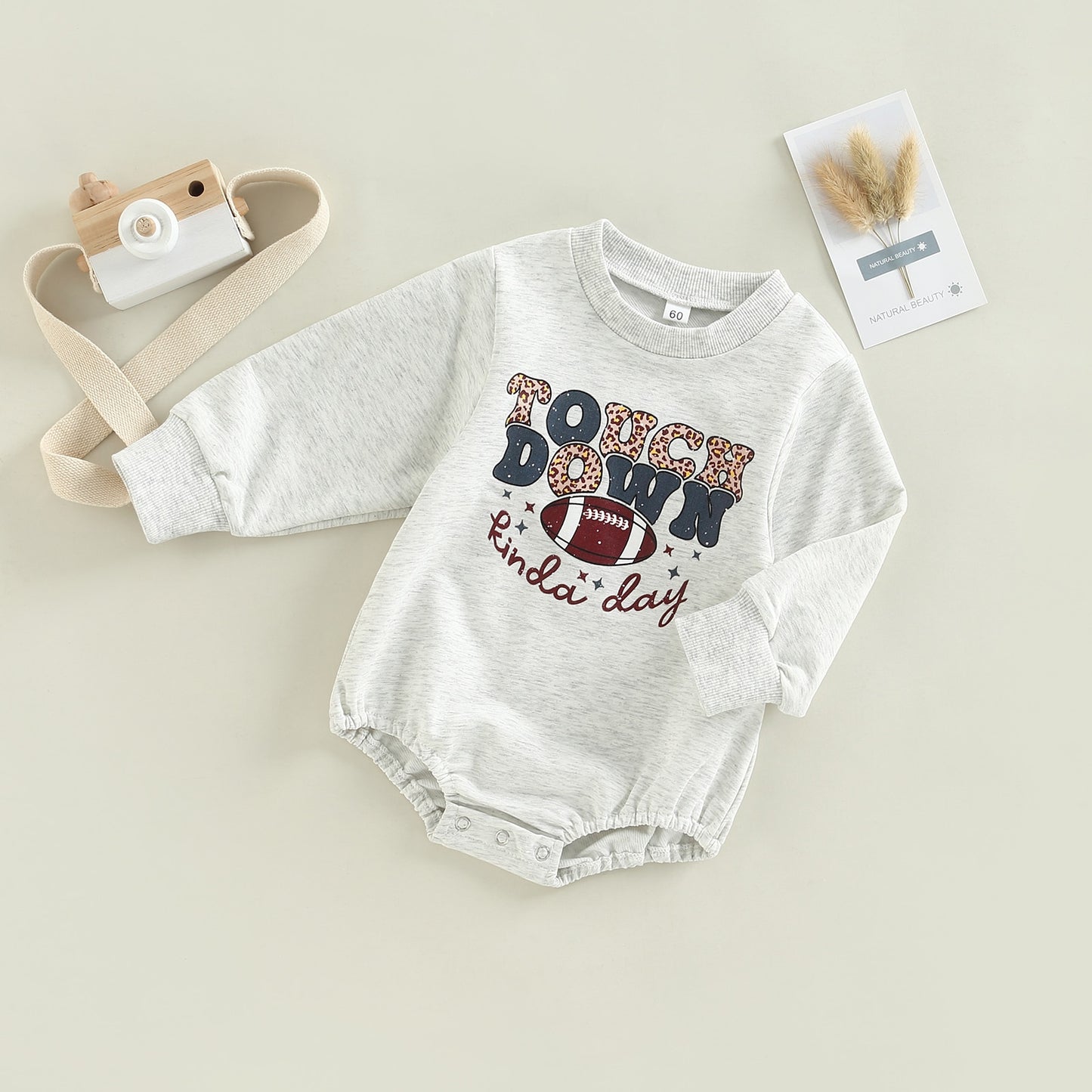 Baby Boy Girls Romper Outwear Football Touchdown Kinda Day Letter Leopard Printed Long Sleeve Grey Jumpsuit Bubble Romper