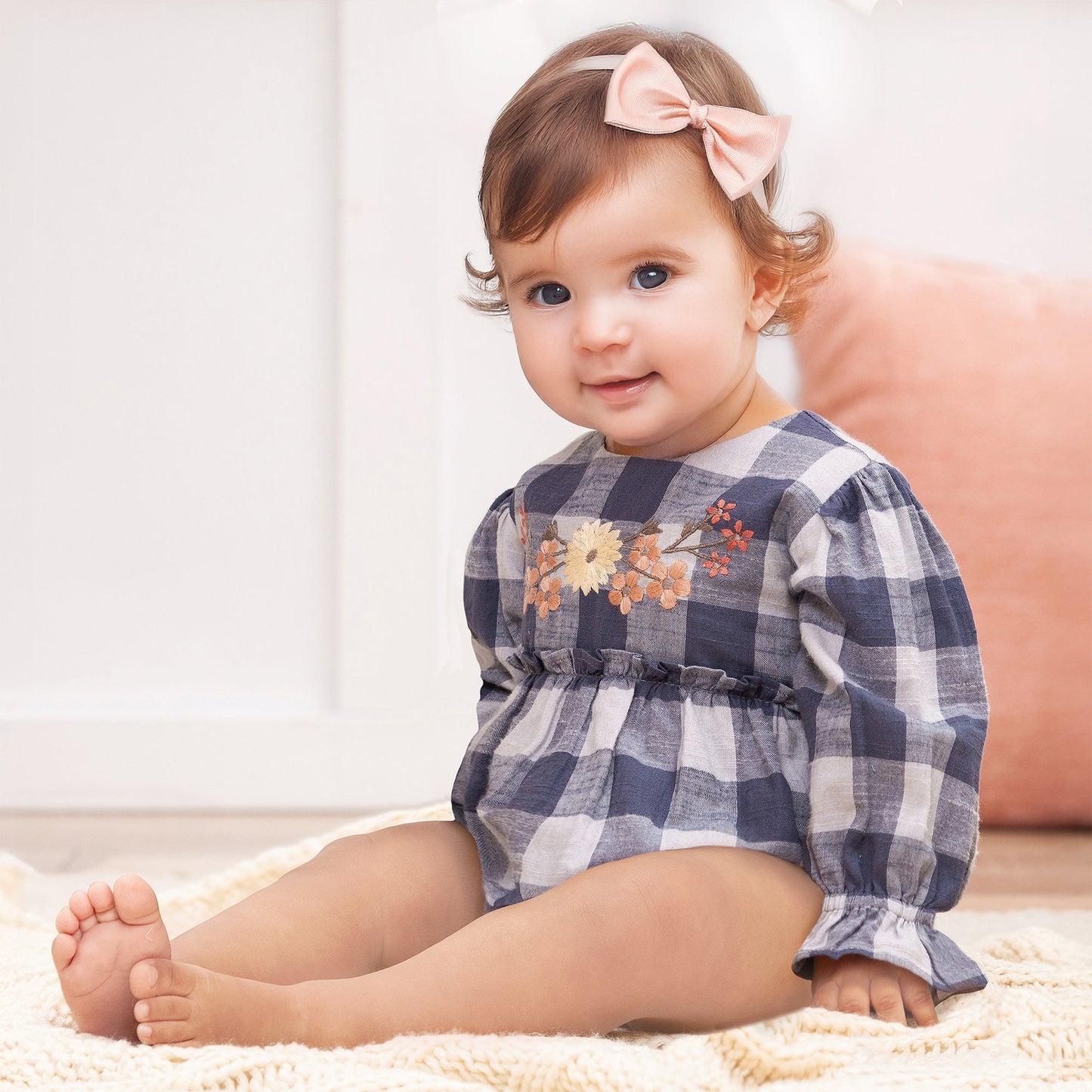 Buffalo Check Baby Girl Cotton Bodysuit with Embroidery