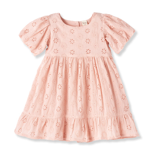 Pink Cotton Eyelet Dress with Puff Sleeves