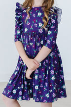 Violets in Bloom Floral 3/4 Sleeve Ruffle Twirl Dress
