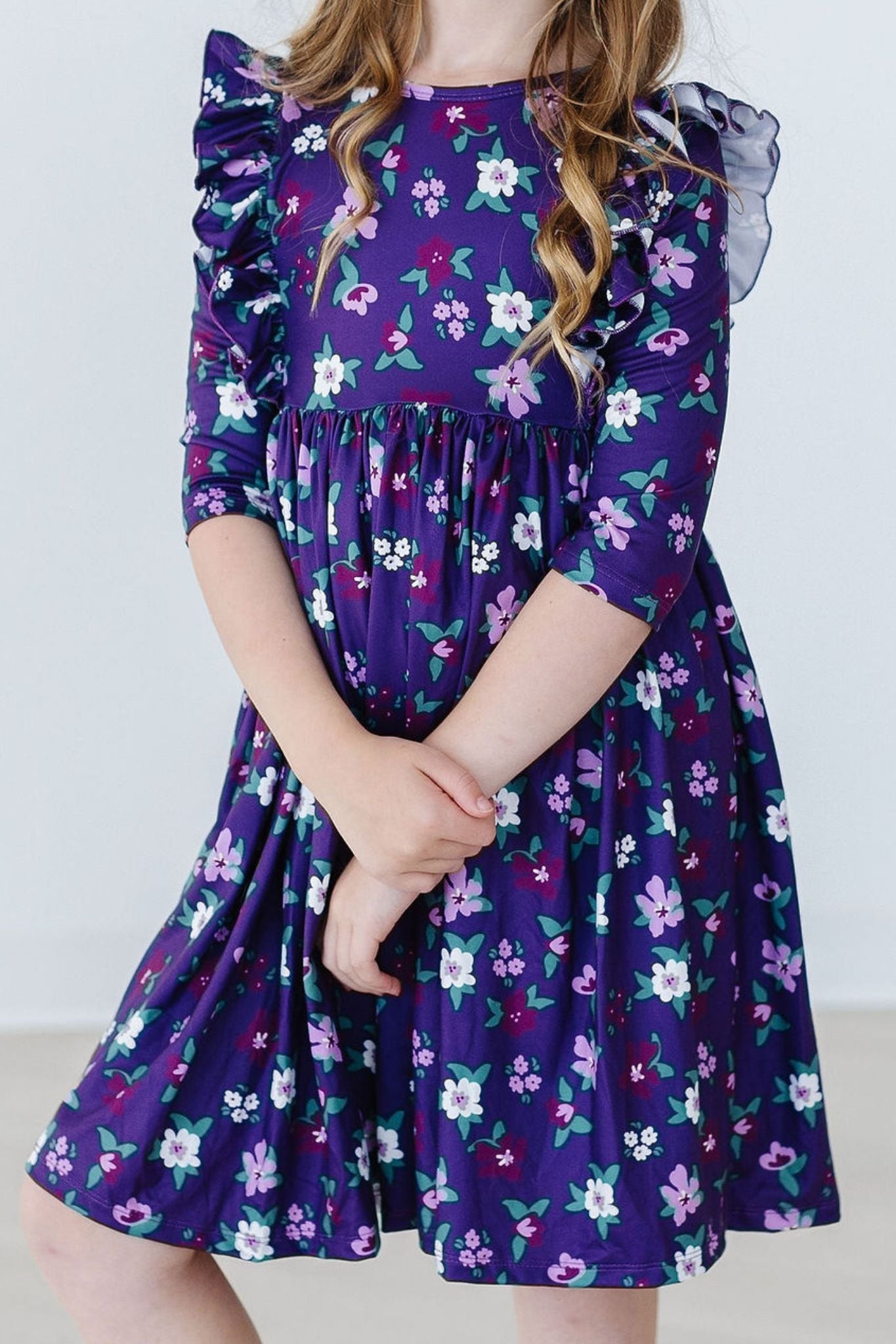 Violets in Bloom Floral 3/4 Sleeve Ruffle Twirl Dress
