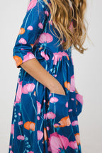 Poppies Floral 3/4 Sleeve Pocket Twirl Dress