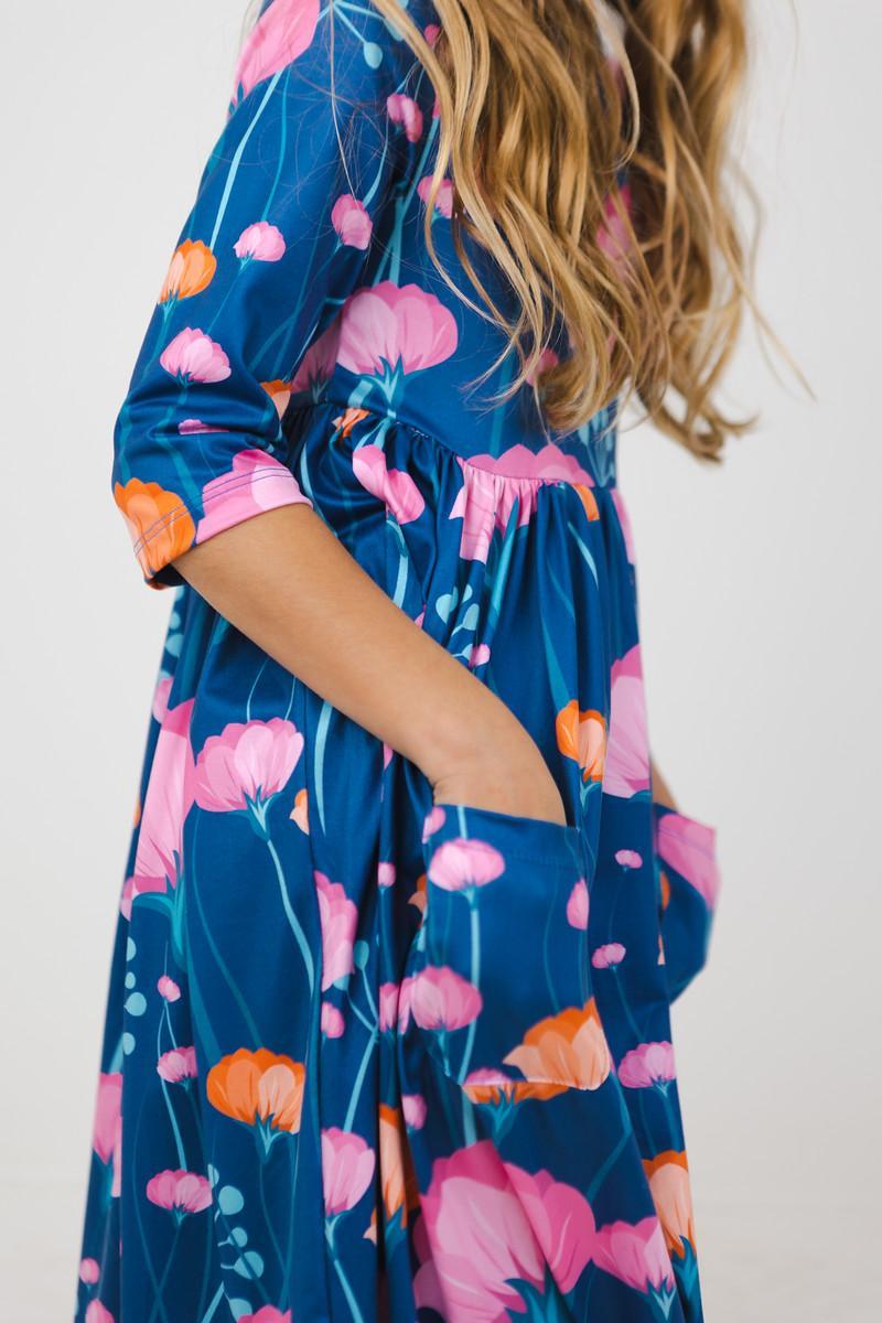 Poppies Floral 3/4 Sleeve Pocket Twirl Dress