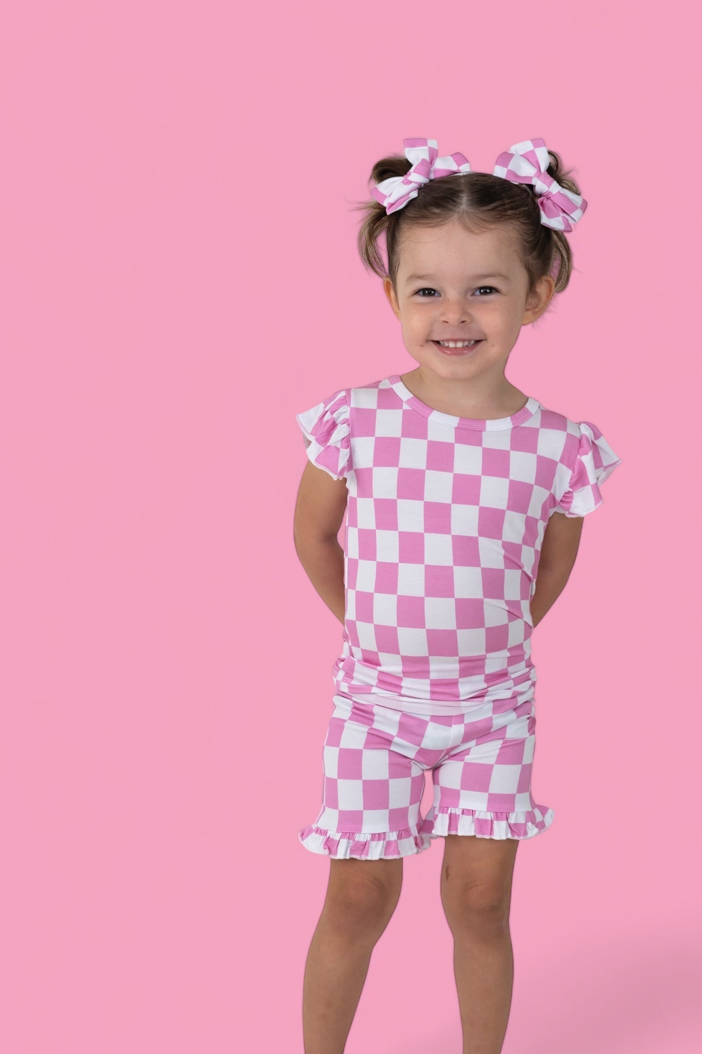 BUBBLEGUM CHECKERS DREAM RUFFLE SHORT SET