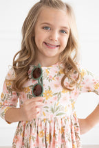 Pretty Peachy Floral 3/4 Sleeve Pocket Twirl Dress